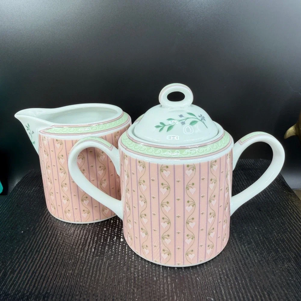 Lynn Hollyn Toscany Town Country Creamer Sugar‎ Bowl Set Pink Heart Stripe Japan